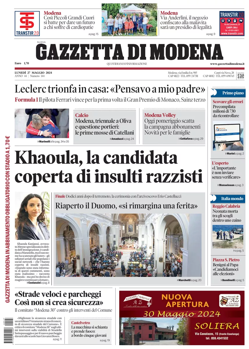 Prima-pagina-gazzetta di modena-oggi-edizione-del-2024-05-27